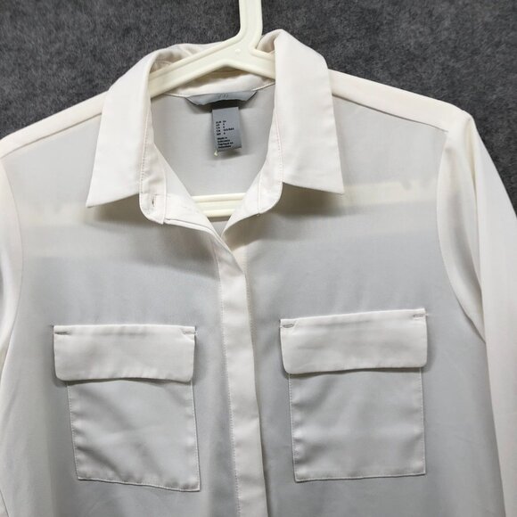 H&M Ivory Long Sleeve Blouse Womens 4 (S) Chiffon Semi-Sheer Utility Career - Picture 3 of 6